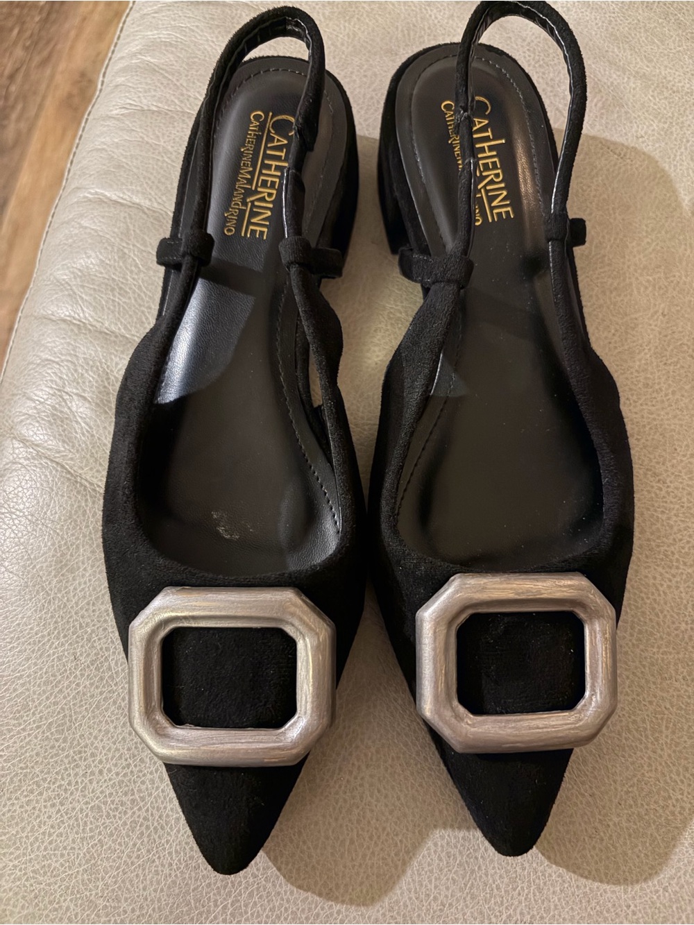 Catherines Black Pointed Slingback Flats with Silver Geometric Buckles